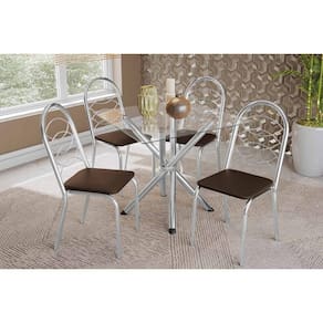 Kit 4 Cadeiras Sala Jantar Volga c/ Tampo de Vidro 90cm e 4 Cadeiras Holanda Cromada - Courano Marrom - Kappesberg