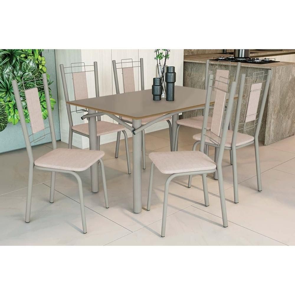 Conjunto: Mesa Sala Jantar Elba Tampo Madeirado c/ Vidro 120cm e 6 Cadeiras Florença Niquel/Freijo Bronze - Courano Bege - Kappesberg