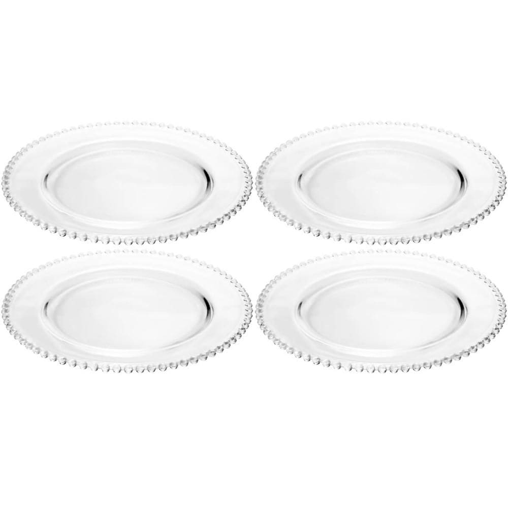 Jogo 4 Pratos Rasos Pearl Cristal 28cm Mesa Posta Wolff Transparente com Borda