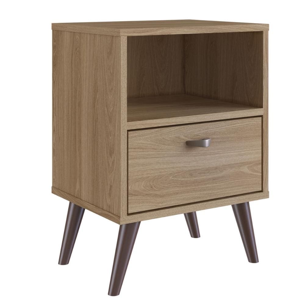 Mesa de Cabeceira Funcional com Prateleira e Gaveta Oak