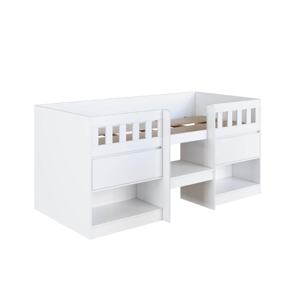 Cama Alta Infantil Branco com Portas Prateleiras MDP Ilha Be