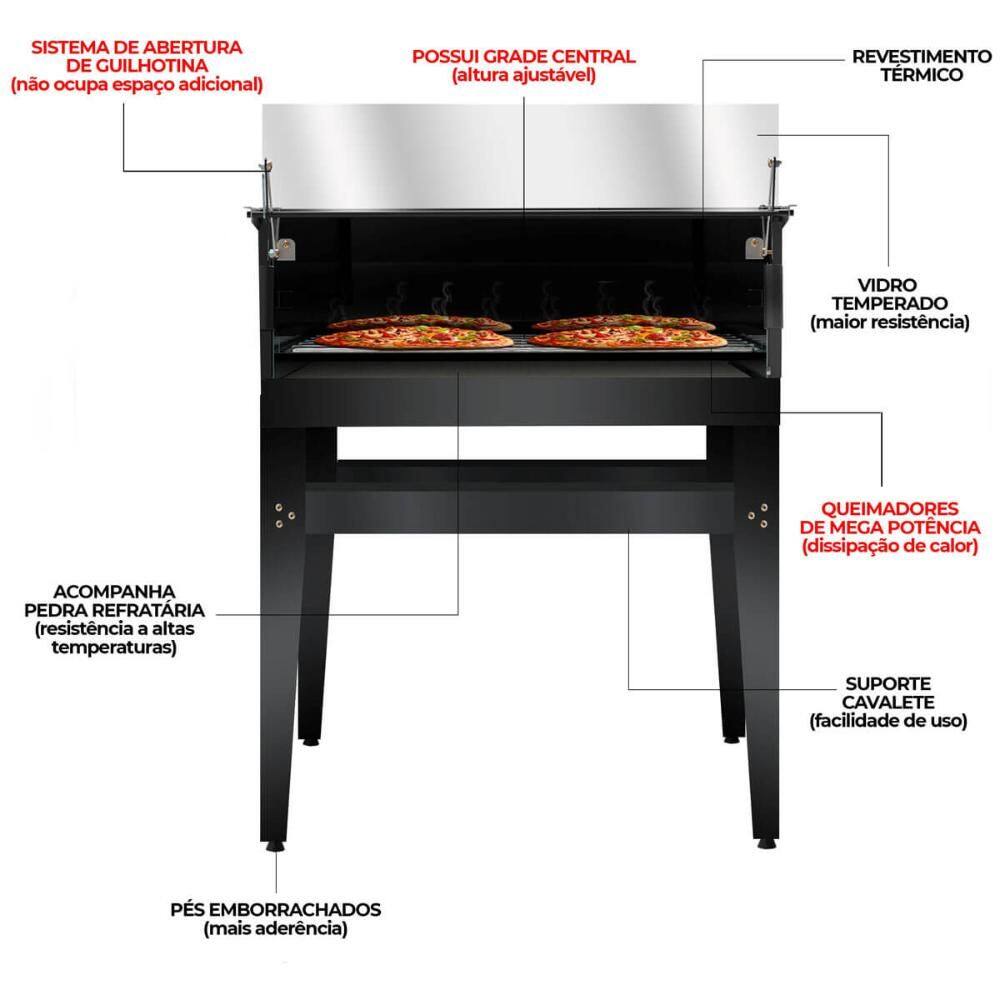 Forno Assador de Pizza Guilhotina a Gás GLP 80x80cm com cavalete Saro