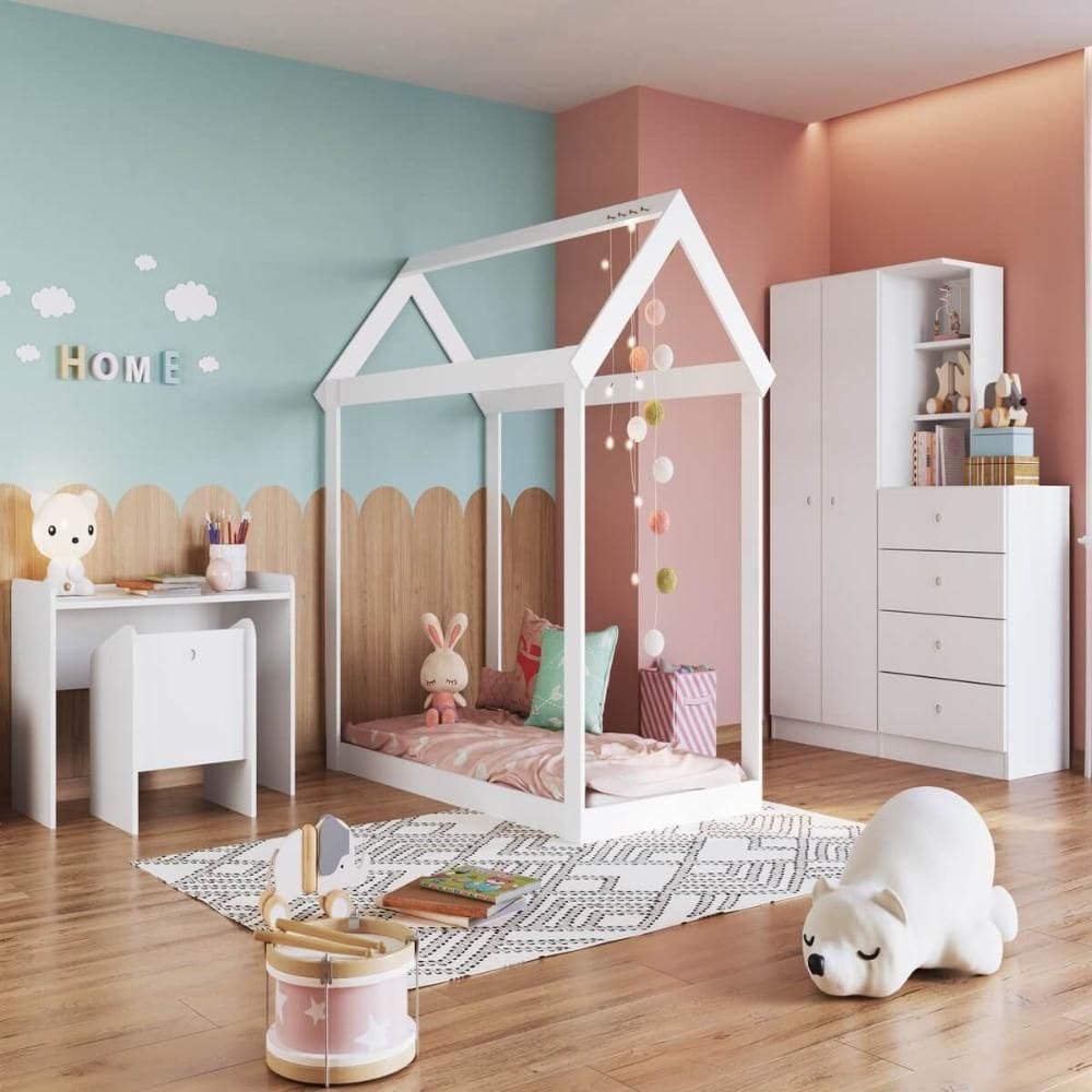 Quarto Infantil Completo Montessoriano Branco MDP Cama Guard