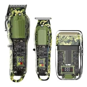 Máquina de Corte Kit Barbeiro 3 em 1 Camuflado Transparente Sem Fio Profissional KEMEI KM-2379