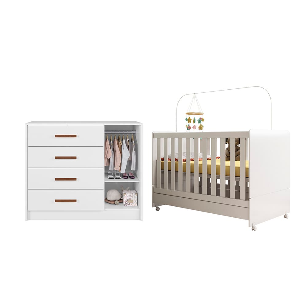 Cômoda Infantil Pérola + Berço Encanto Combinação Perfeita Branco - Peternella