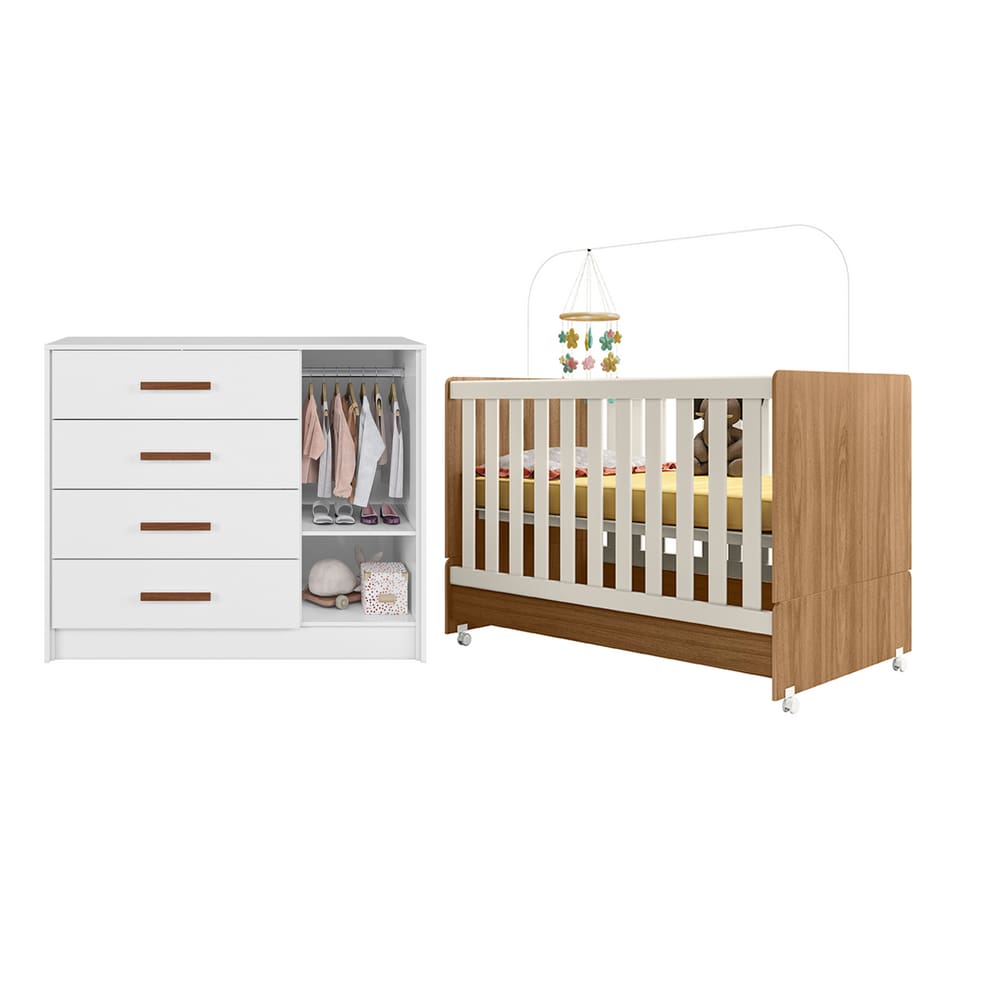 Cômoda Infantil Pérola + Berço Encanto Combinação Perfeita Nature Branco - Peternella