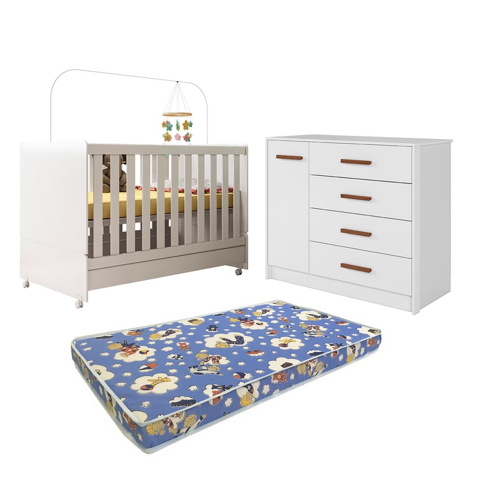 Conjunto Ideal para Bebê Berço Encanto Cômoda Pérola + Colchão Ortobom - Peternella Branco