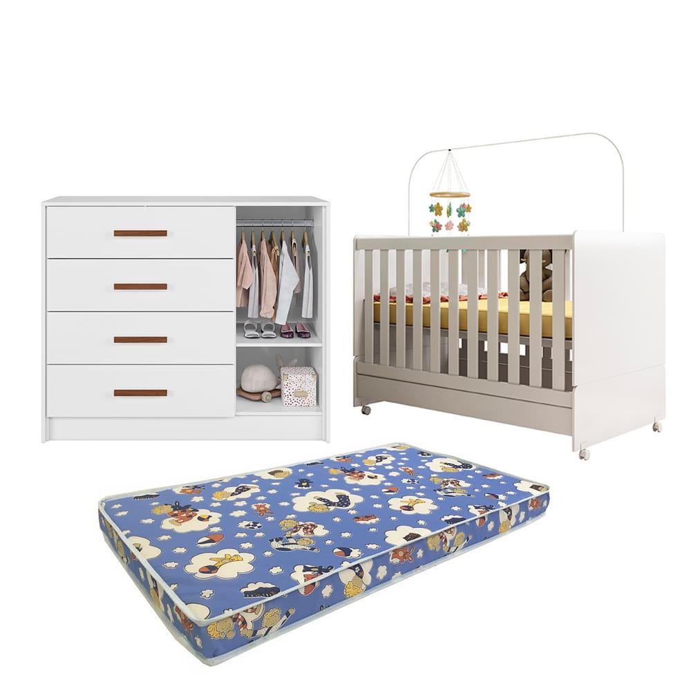 O Conjunto Perfeito para Seu Bebê Berço Encanto + Cômoda + Colchão Ortobom Branco - Peternella