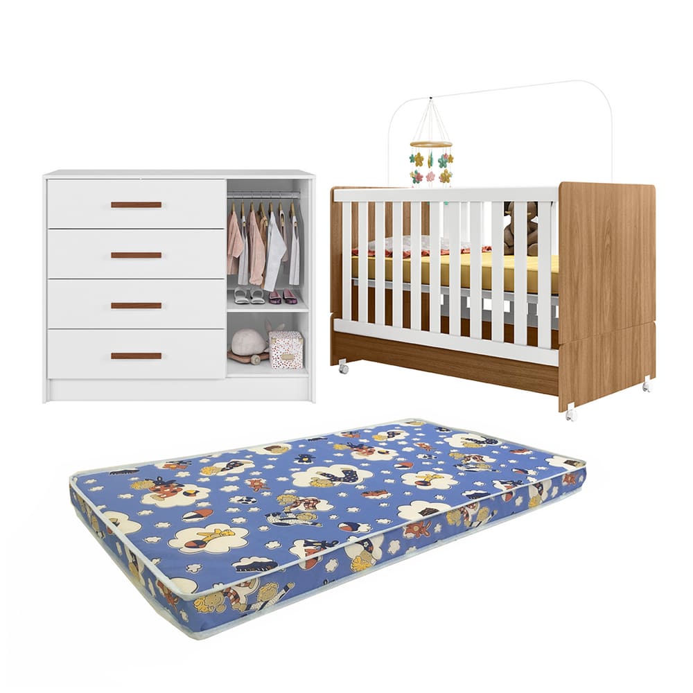 Conjunto Ideal para Bebê Berço Encanto Cômoda Pérola + Colchão Ortobom Nature Branco - Peternella