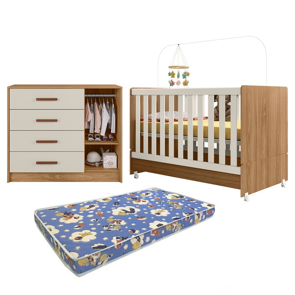 Berço com Cômoda Pérola Nature Off White + Colchão Ortobom Incluso - Peternella
