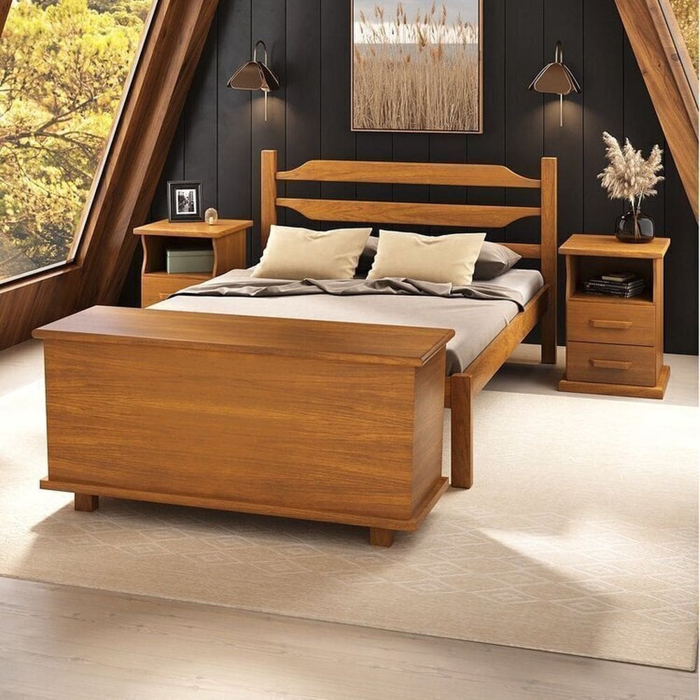 Conjunto de Quarto 1 Cama 2 Mesas de Cabeceira e Baú Porteira Mogno Mel