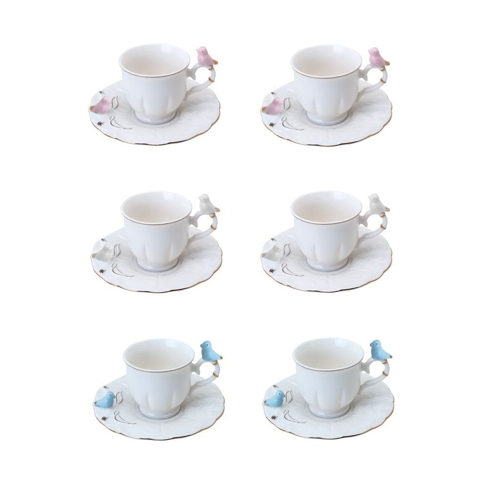 Cj 6 Xícaras P/Café C/Pires de Porcelana Branca Birds Design Plate Colorido 100ml Wolff