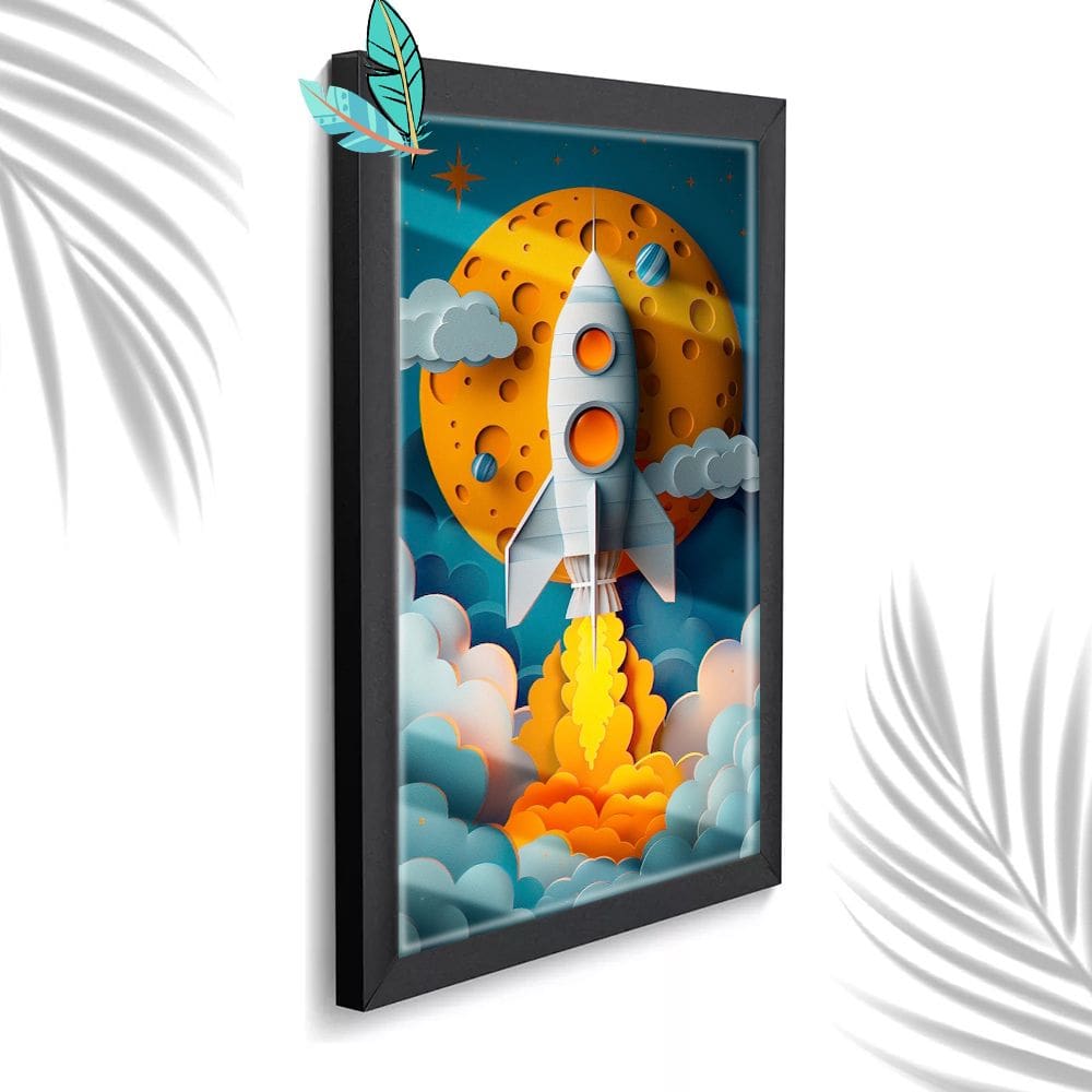 Quadro Decorativo Infantil Foguete Espacial + Vidro 33x25