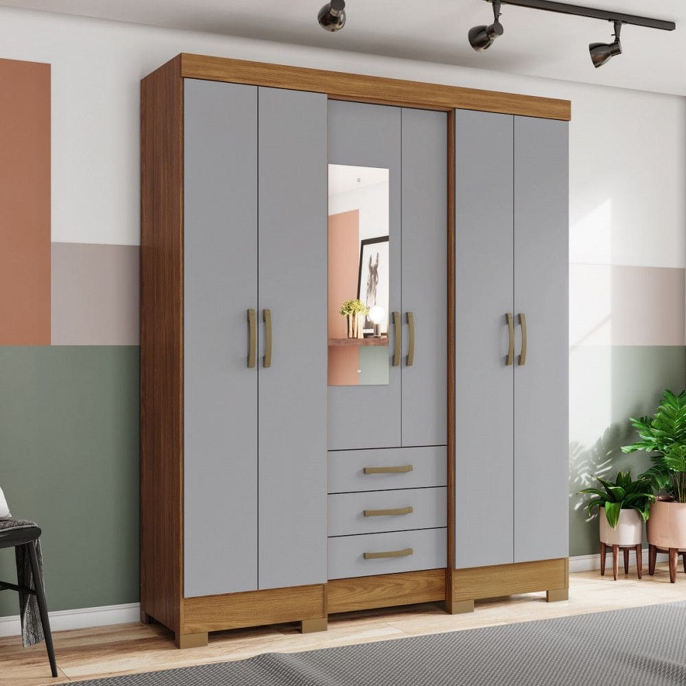 Guarda Roupa Casal com Espelho 6 Portas 3 Gavetas B23 Briz