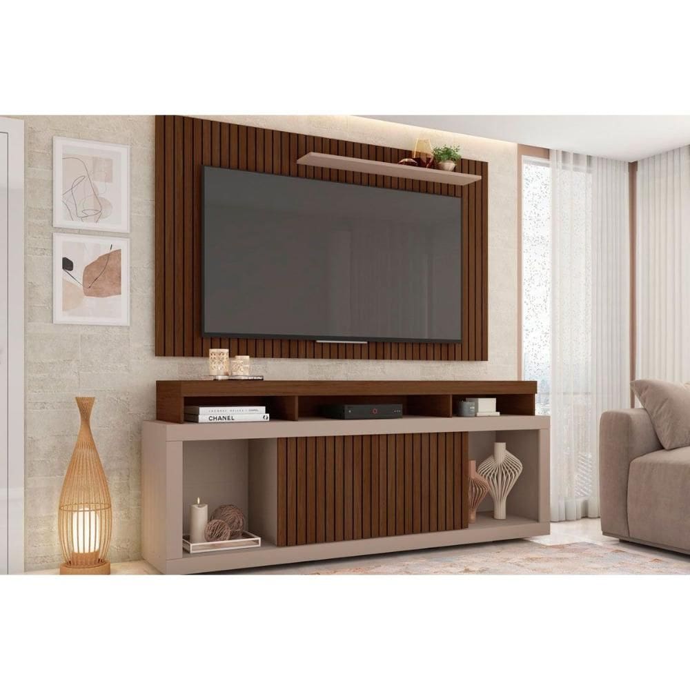 Rack Bancada c/ Painel p/ TV até 60 Pol New Oscar Rodízios 180x174cm Fendi/Havana - Caemmun