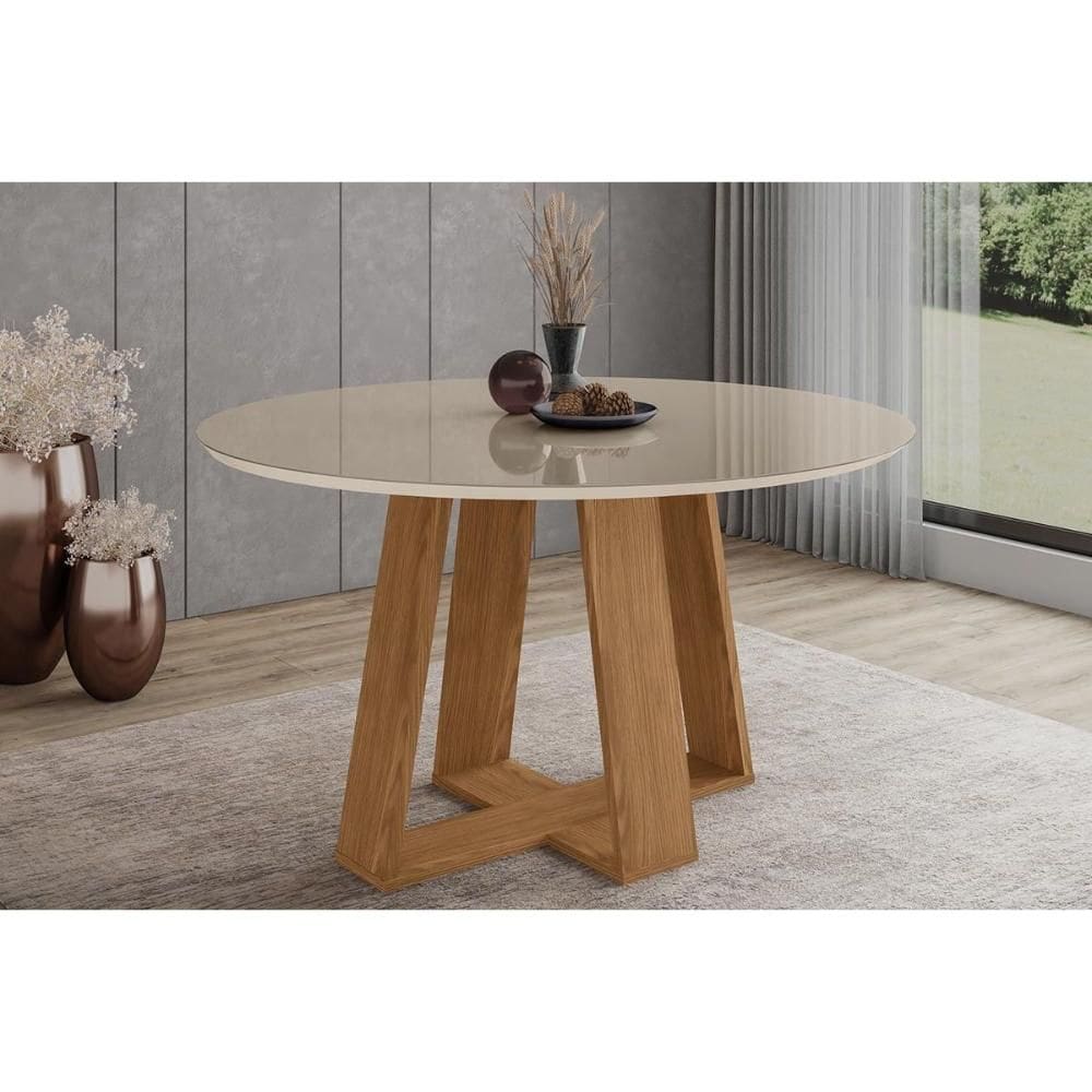 Mesa de Sala Jantar Lins SC130 c/ Tampo Madeirado c/ Vidro Redondo 140x140cm Nature/Off White - Henn