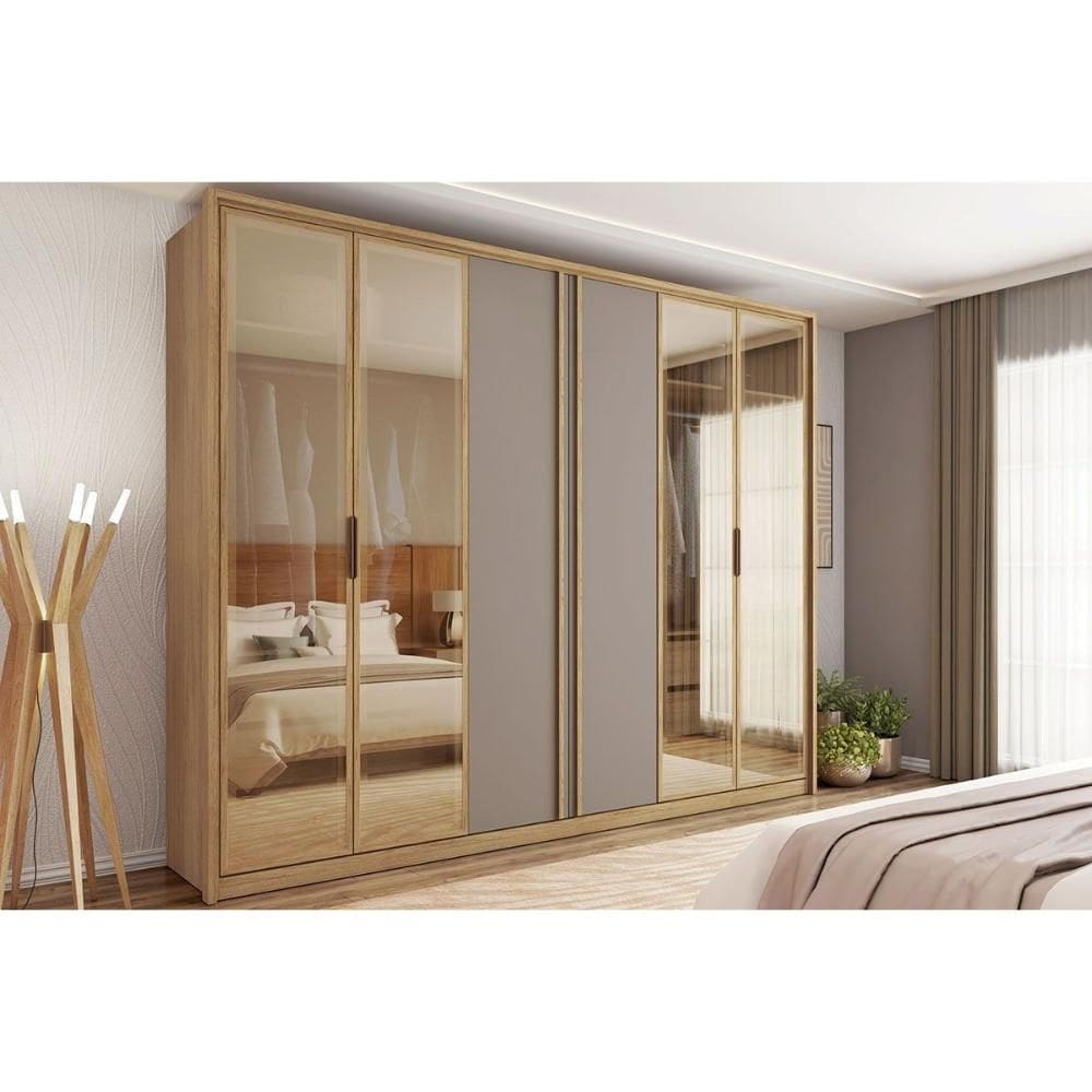 Guarda Roupa Casal 6 Portas e 4 Gavetas c/ Vidro Reflecta Cristal Buriti/Fendi - Caemmun