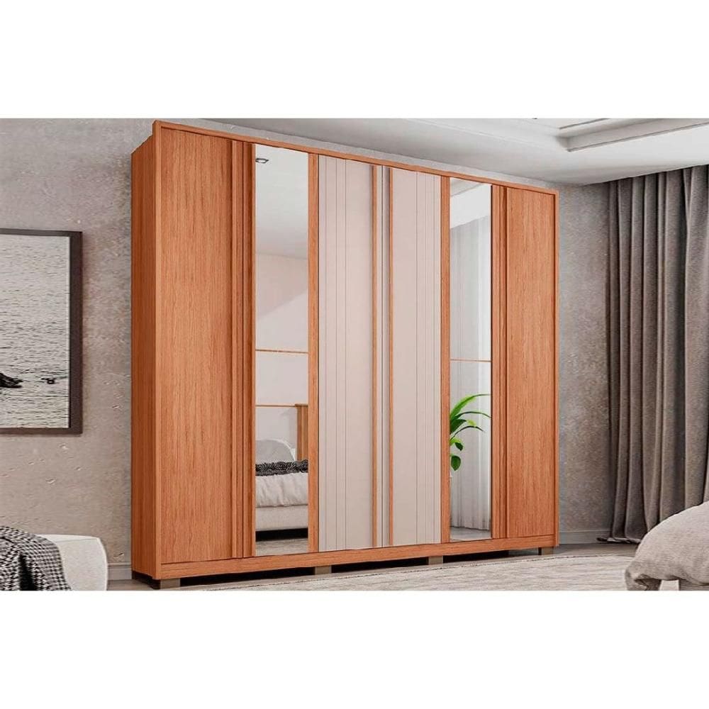 Guarda Roupa Casal 6 Portas e 4 Gavetas c/ Espelho Mozart Lux Freijo/Off White - Caemmun