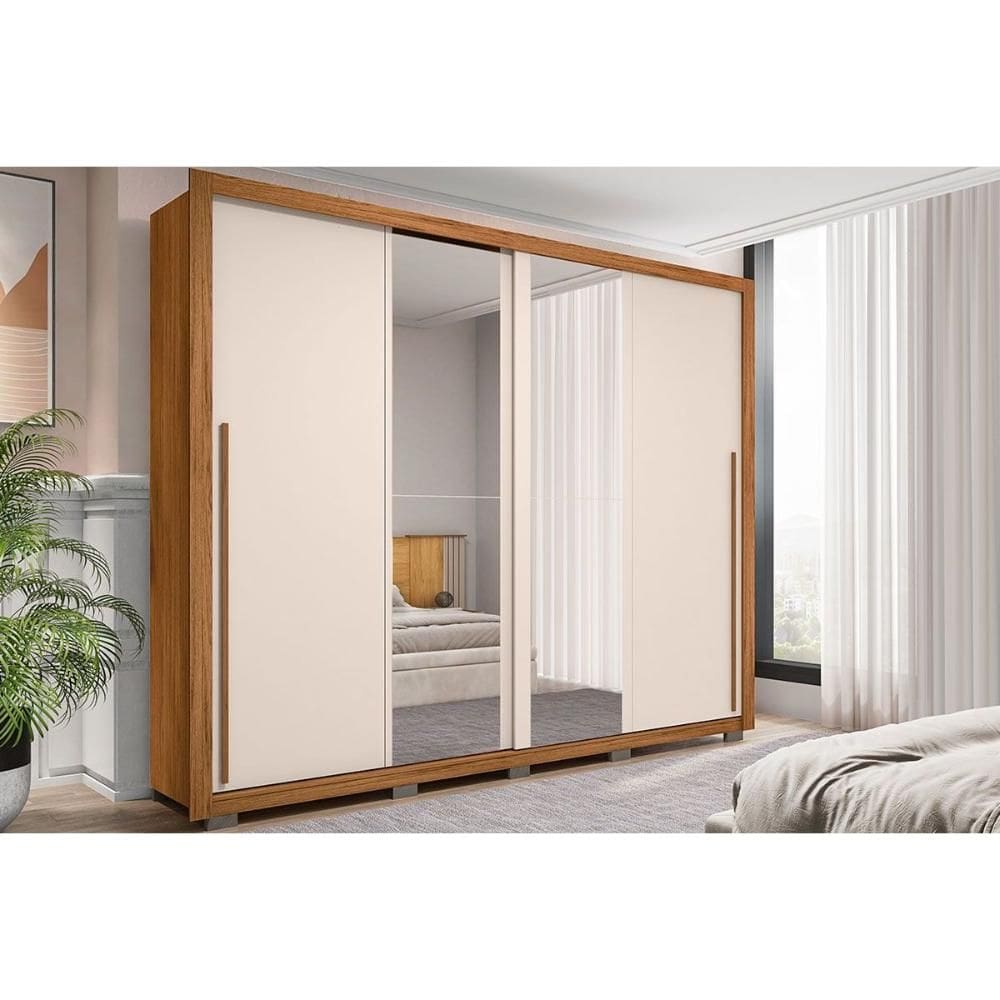 Guarda Roupa Casal 2 Portas de Correr c/ Espelho e 4 Gavetas Praticus Lux Freijo/Off White - Caemmun