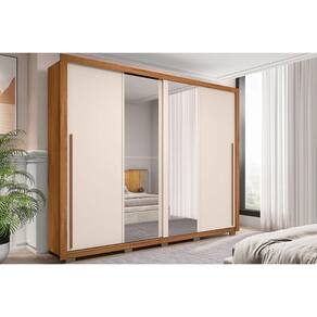 Guarda Roupa Casal 2 Portas de Correr c/ Espelho e 4 Gavetas Praticus Lux Freijo/Off White - Caemmun