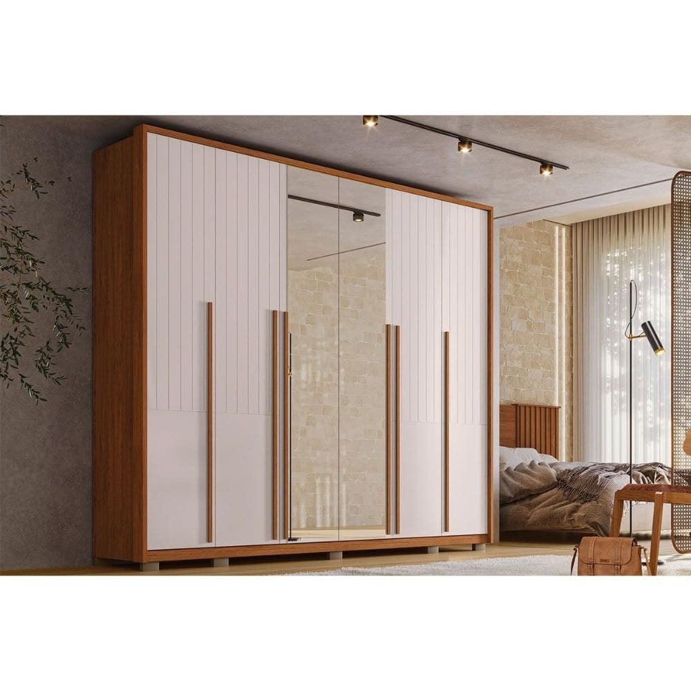 Guarda Roupa Casal 6 Portas e 6 Gavetas c/ Espelho Quintus Lux Freijo/Off White - Caemmun