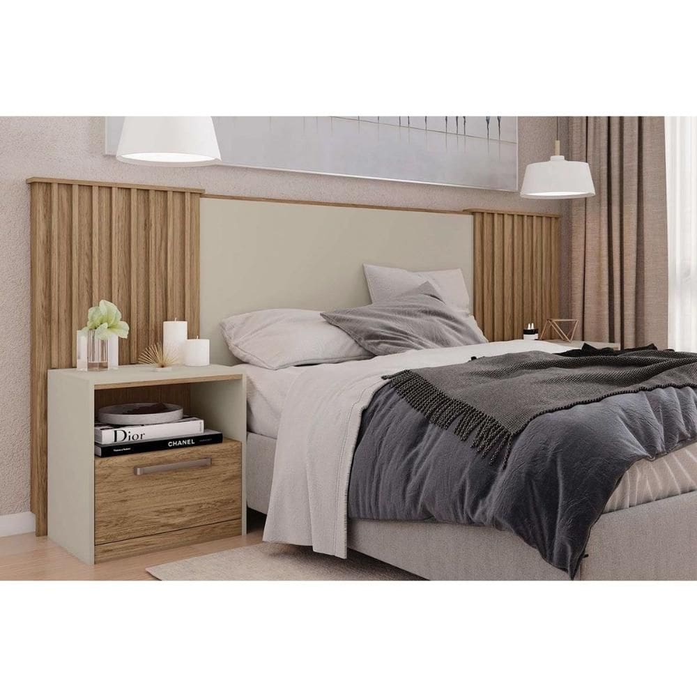 Cabeceira Cama Box Estofada Extensível Casal/Queen/King Lucius 2 Mesas c/ 1 Gaveta Buriti/Off White - Caemmun