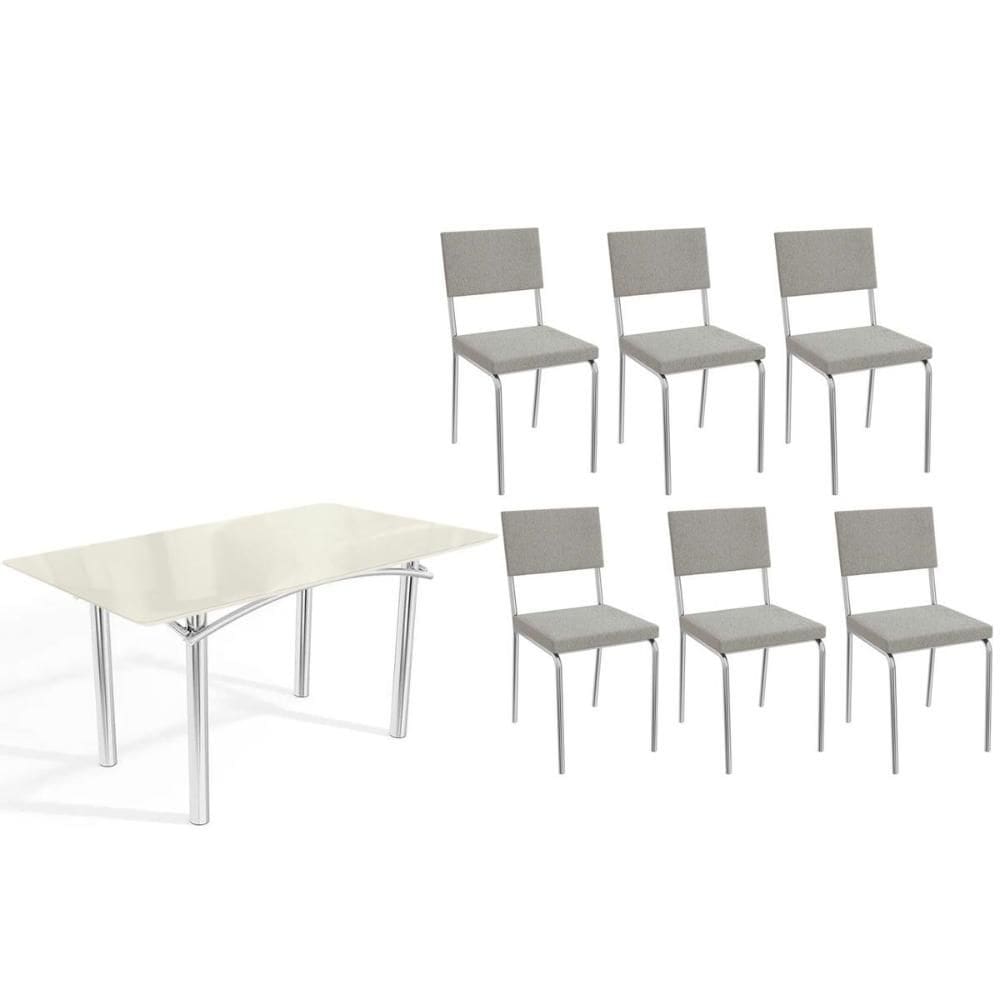 Conjunto: Mesa Sala Jantar Elba Tampo Madeirado c/ Vidro 160cm e 6 Cadeiras Zaria Cromada/Off White - Boucle Cinza - Kappesberg