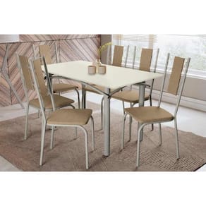 Conjunto: Mesa Sala Jantar Elba Tampo Madeirado c/ Vidro 160cm e 6 Cadeiras Lisboa Niquel/Off White - Courano Capuccino - Kappesberg