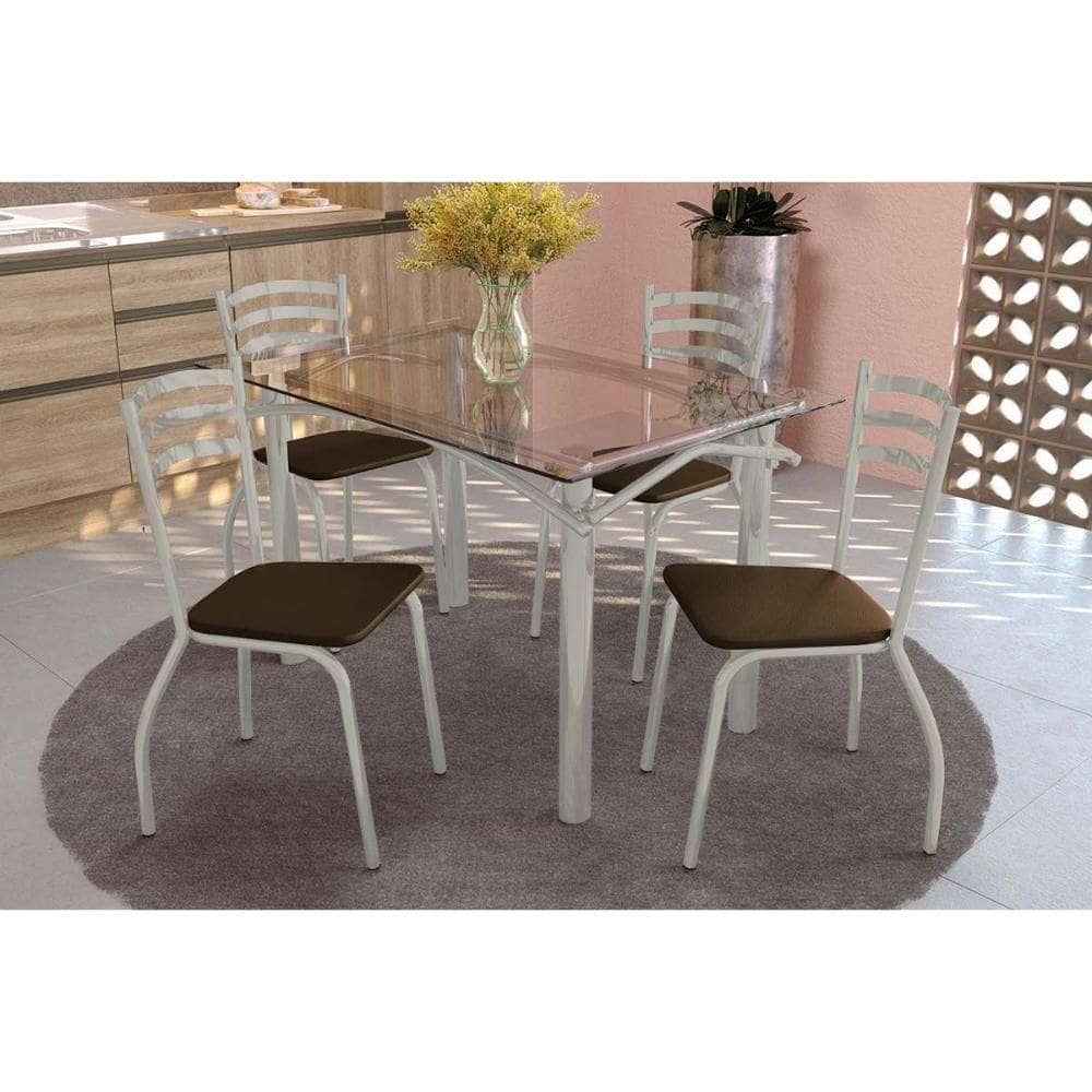 Conjunto: Mesa de Cozinha Elba c/ Tampo de Vidro 120cm e 4 Cadeiras Portugal Niquel - Courano Marrom - Kappesberg