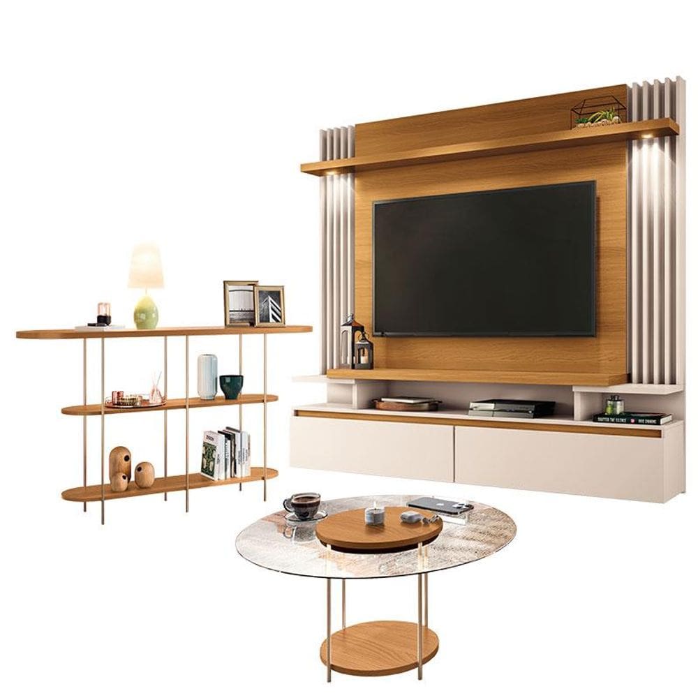 Home Suspenso Cosmo e Aparador Infinity e Mesa de Centro Sky com Tampo de Vidro Cinamomo Off White - HB Móveis