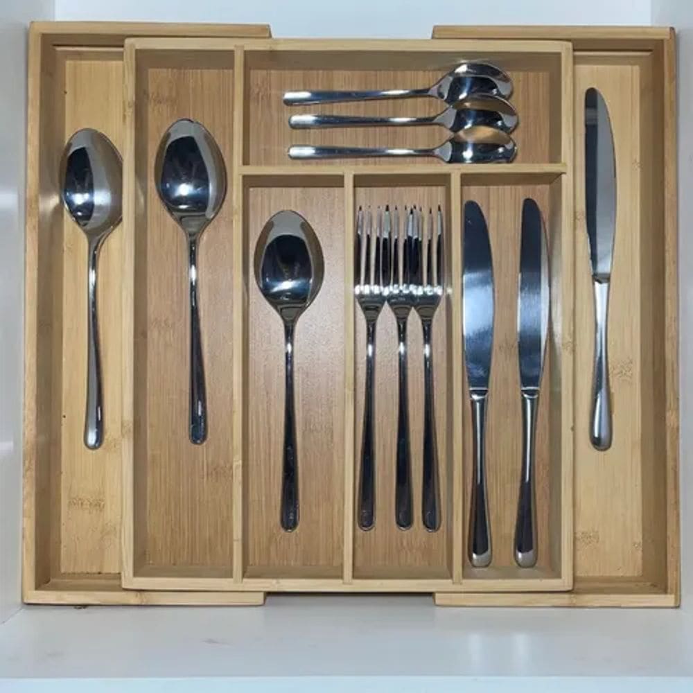 Kit Porta Talheres Extensível Em Bambu Com 16 Talheres Inox