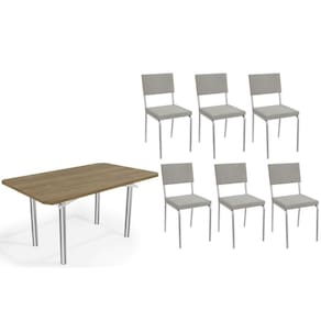 Conjunto: Mesa Sala Jantar Elba c/ Tampo de Madeira 160cm e 6 Cadeiras Zaria Cromada/Nogueira - Boucle Cinza - Kappesberg