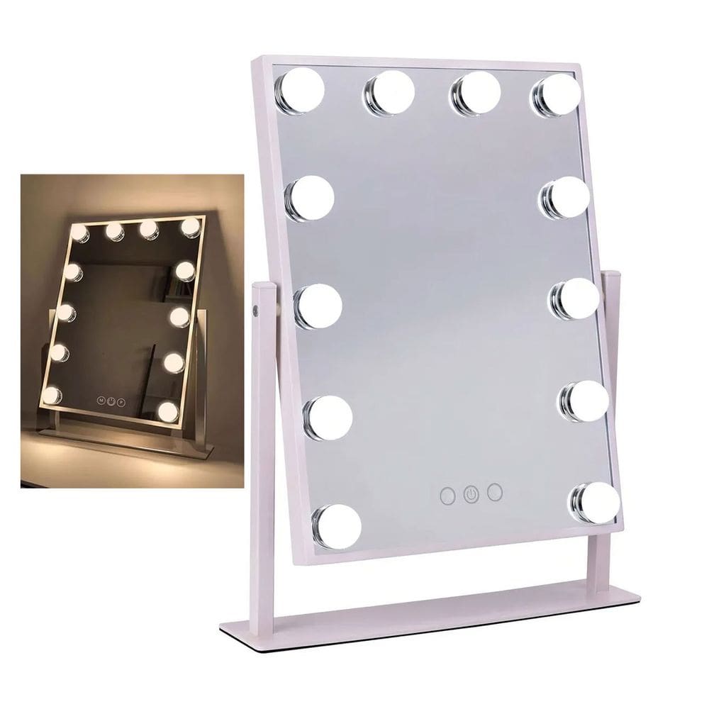 Espelho Camarim Grande LED 12 Lampadas Brilho Ajustavel 3 Tons Rotaçao 360 Graus Penteado
