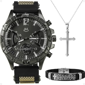 Relogio Masculino Aço Preto + Pulseira Silicone Religioso