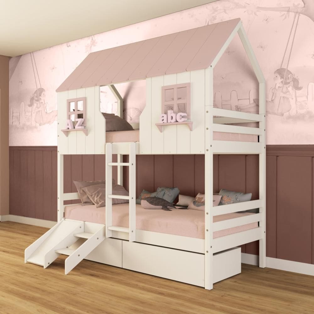 Beliche Casinha Encantada com 02 Gavetas Kit Escada/ Escorregador Madeira Maciça Branco/ Rosa Megamobilia