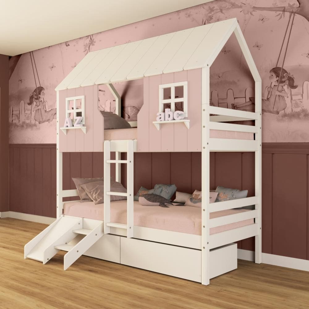 Beliche Casinha Encantada com 02 Gavetas Kit Escada/ Escorregador Madeira Maciça Rosa/ Branco Megamobilia