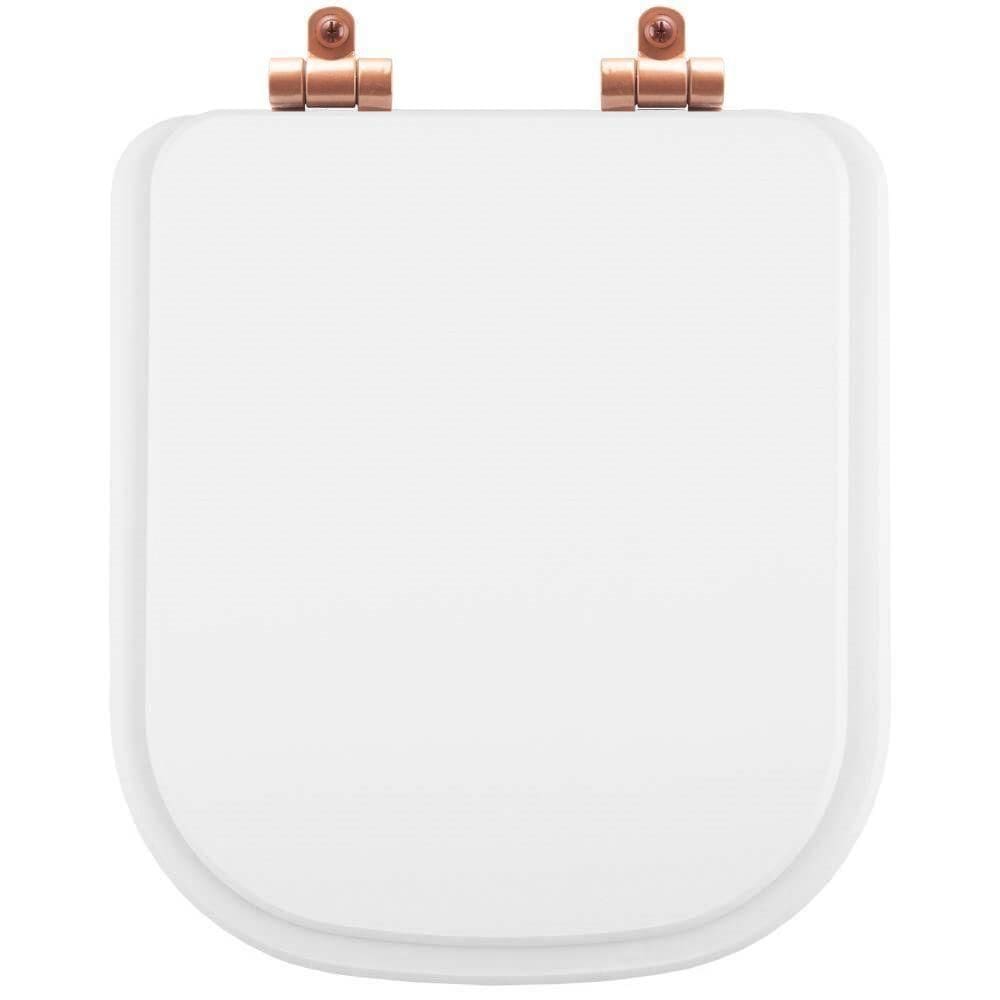 Tampa De Vaso Poliéster Com Fechamento Lento Piano Branco Para Louça Deca Com Ferragem Rose Gold