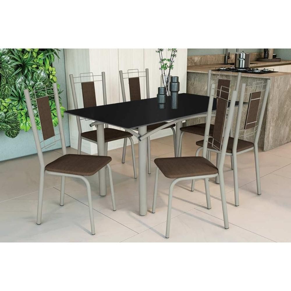 Conjunto: Mesa de Cozinha Elba Tampo Madeirado c/ Vidro 160cm e 6 Cadeiras Florença Niquel/Preto - Courano Marrom - Kappesberg