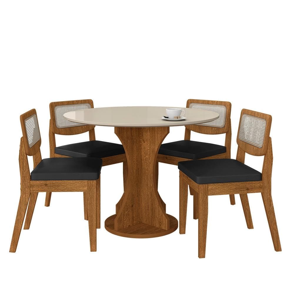 Mesa Linares Com 4 Cadeiras Sextavada Freijó/off/corino Preto - M.a