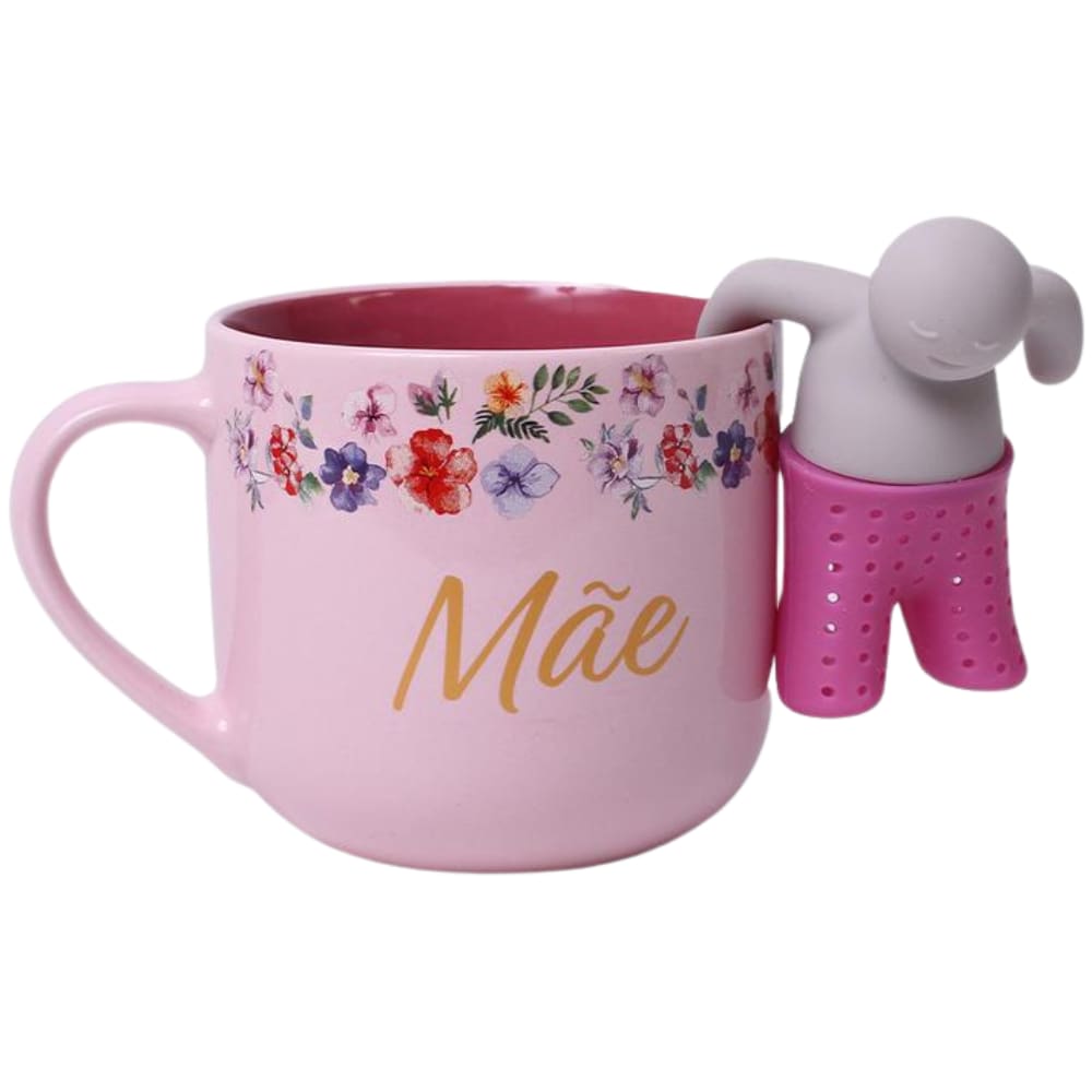 Caneca Mãe Floral Com Boneco Infusor Chá Cerâmica 350 ml Oficial