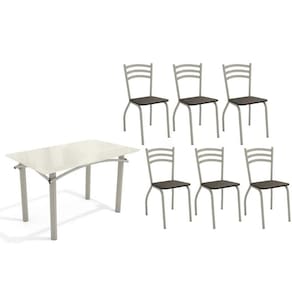 Conjunto: Mesa Sala Jantar Elba Tampo Madeirado c/ Vidro 120cm e 6 Cadeiras Portugal Niquel/Off White - Courano Marrom - Kappesberg