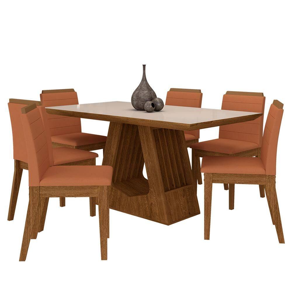 Mesa Málaga 1,6 Com 6 Cadeiras Estofadas Freijó/off/terracota - M.a