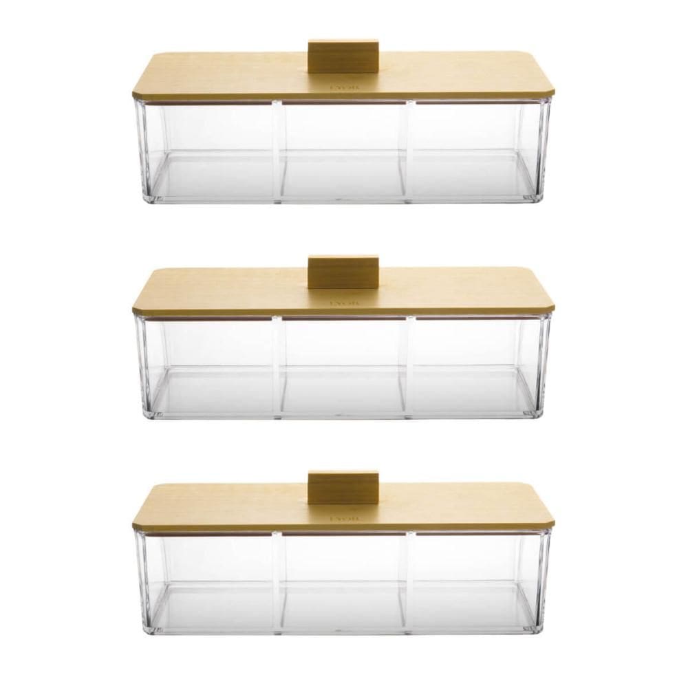 3 Caixas Plásticas com Tampa de Bambu 3 Divisórias Organizador Chá Joias Escritório Lyor