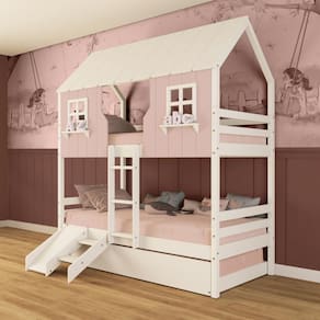 Treliche Casinha Encantada com Kit Escada/ Escorregador Madeira Maciça Rosa/ Branco Megamobilia