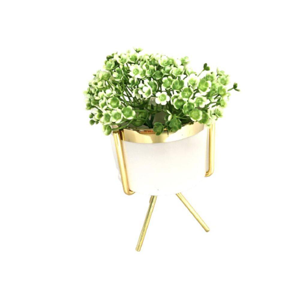 Cachepot Resina Branco Base Metal Gold E Planta Decor