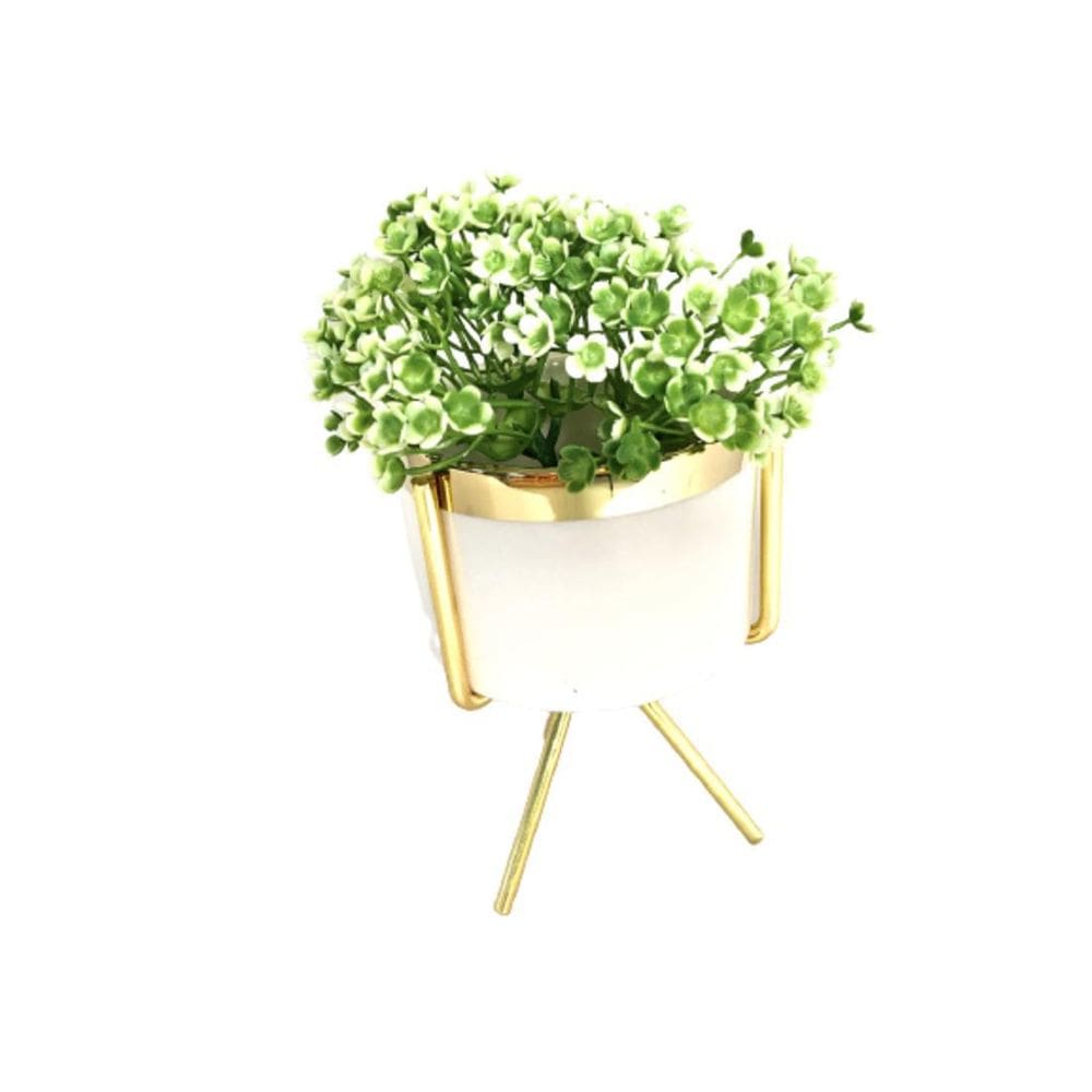 Cachepot Resina Branco Base Metal Gold E Planta Decor