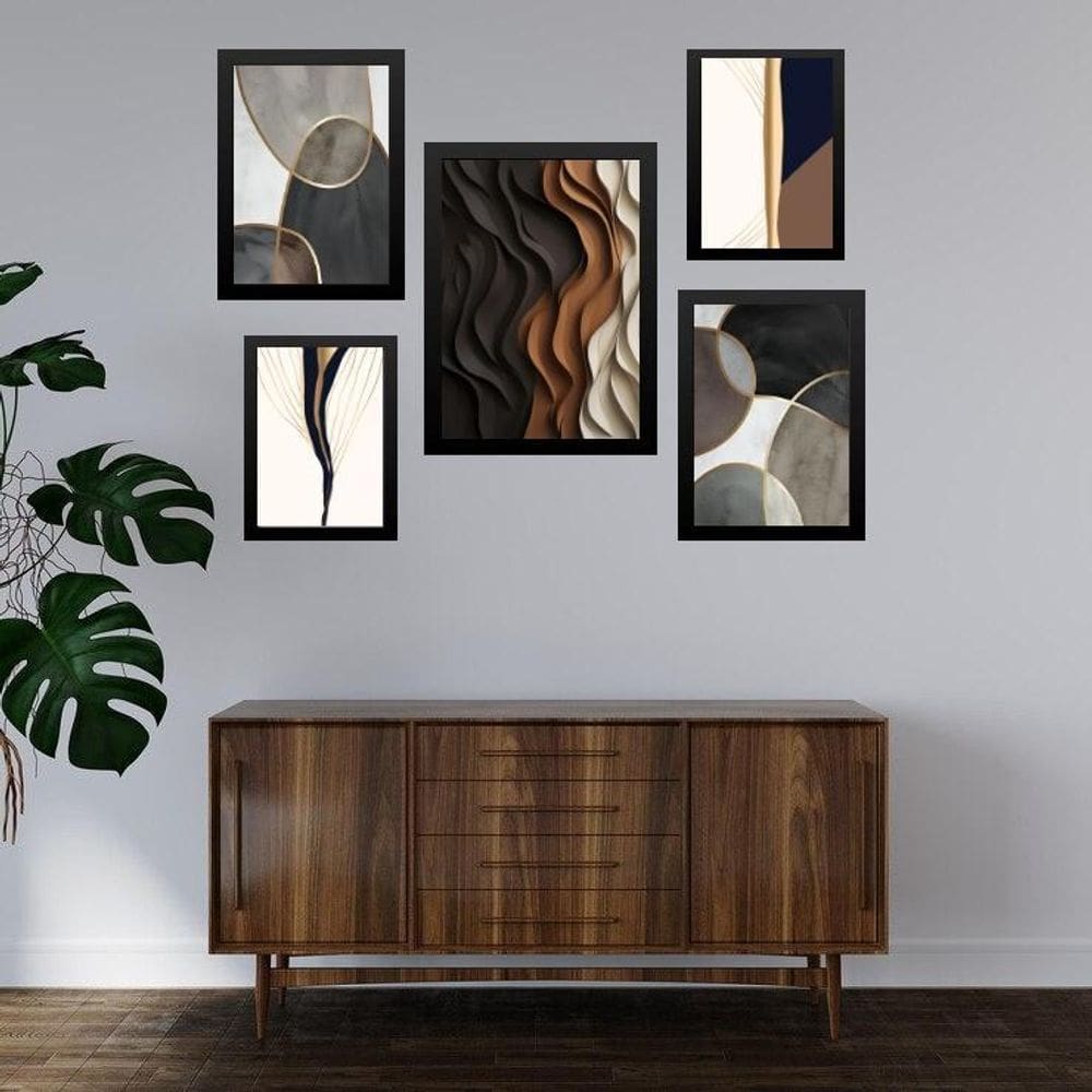 Composição 5 Quadros Decoração Moderna Abstrata Sala - Vidro