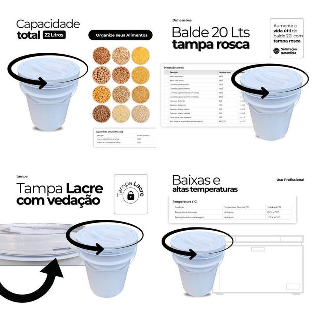 Balde Para Balas 20L Tampa De Rosquear - Kit 11 Pçs