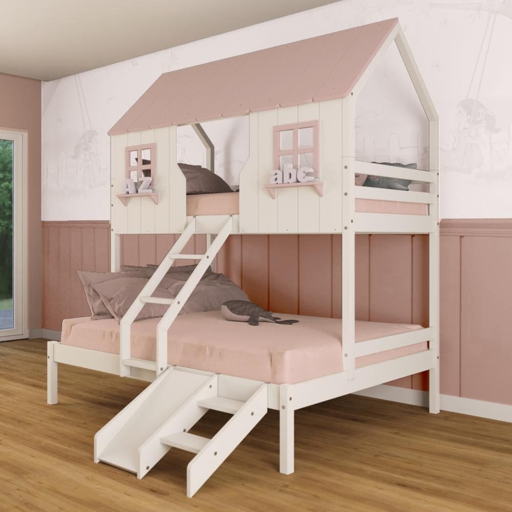 Beliche Casal/ Solteiro Casinha Encantada com Kit Escada/ Escorregador Madeira Maciça Branco/ Rosa Megamobilia