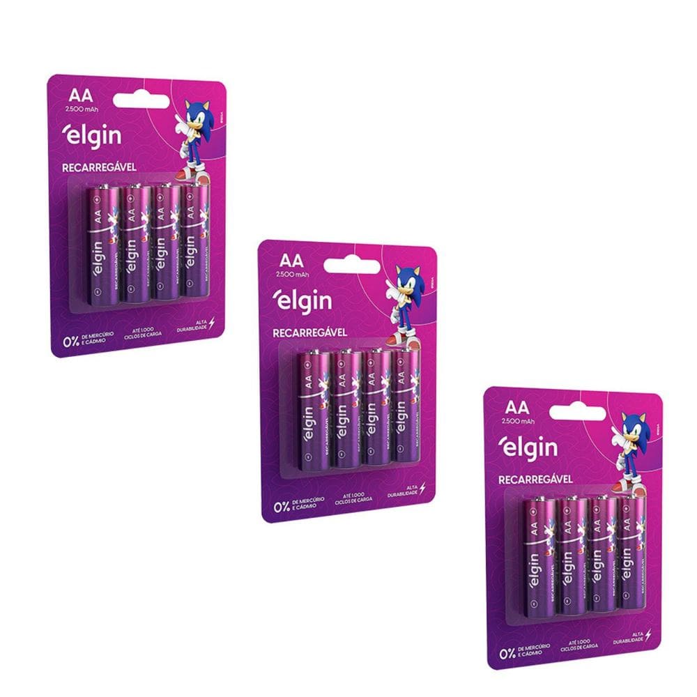 Kit Com 3 Cartelas De Pilhas Recarregaveis Aa 2500mah C/4 Elgin 82173